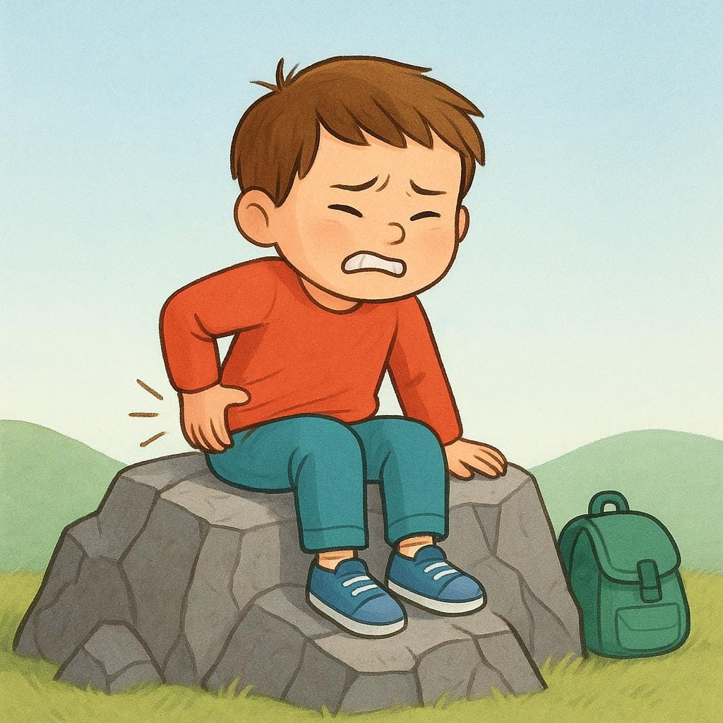 Un bambino piccolo che fa una smorfia e si agita mentre è seduto a disagio su una roccia grande e frastagliata.