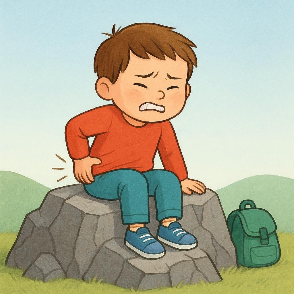 A small child wincing and fidgeting while sitting uncomfortably on a large, jagged rock.