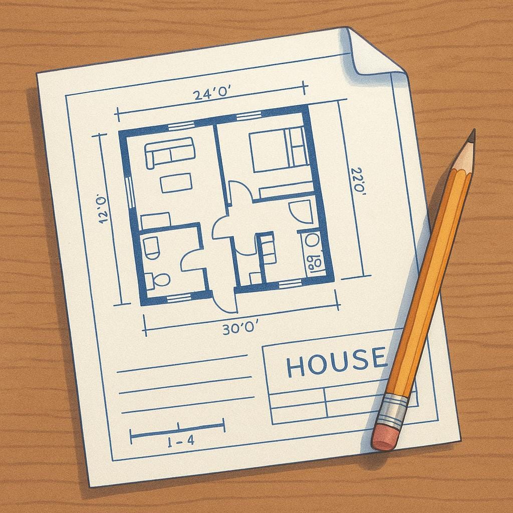 Een architectentafel met een afgewerkte blauwdruk van een klein huis en een potlood erop.