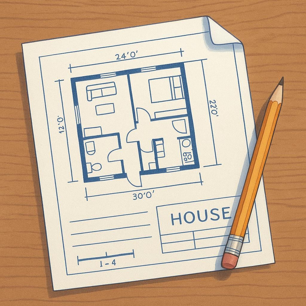 An architect's desk with a finished blueprint of a small house and a pencil resting on it.