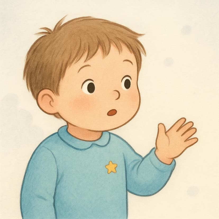 A colorful illustration of a curious child raising a hand slightly, poised as if they are about to ask a question.
