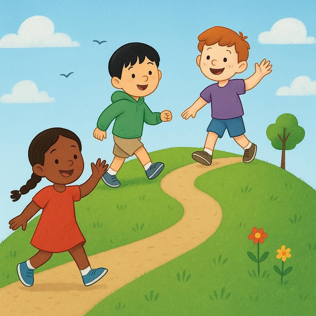 A high quality simple colorful storybook illustration showing three children enthusiastically climbing a winding path up a small green hill.