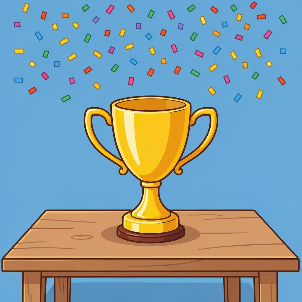 A bright gold trophy cup sitting on a wooden table with confetti falling around it.