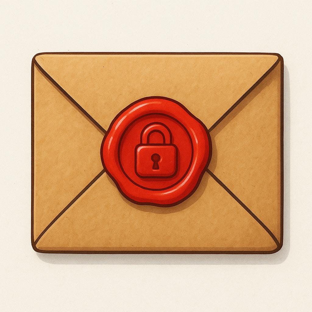 A simple, plain brown paper envelope sealed tightly with a large, bright red wax seal. The seal is stamped with the clear image of a small, closed padlock.
