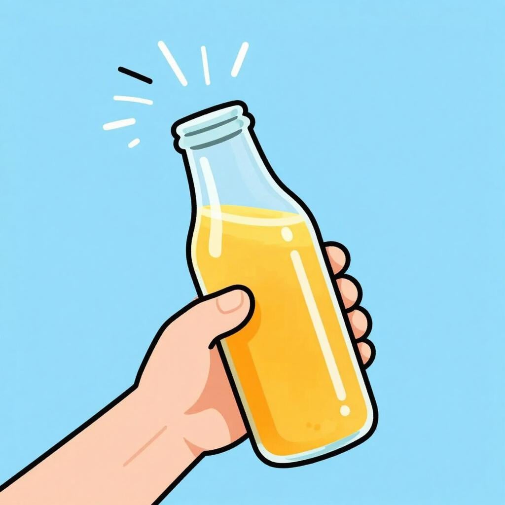 A hand holding a clear glass bottle filled with orange juice, showing motion lines to indicate it is being shaken vigorously.