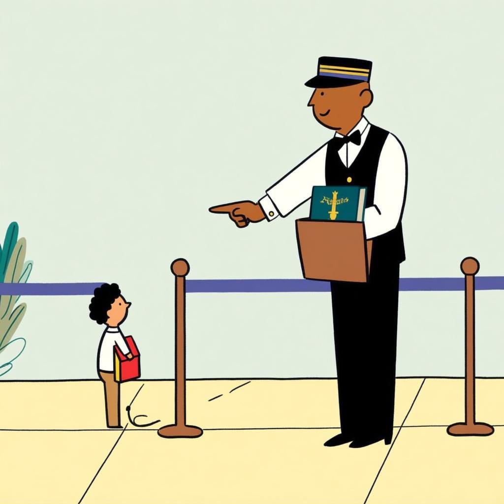 A smartly dressed concierge standing in a lobby, politely gesturing with an open hand to indicate where a person should stand to form an orderly line.