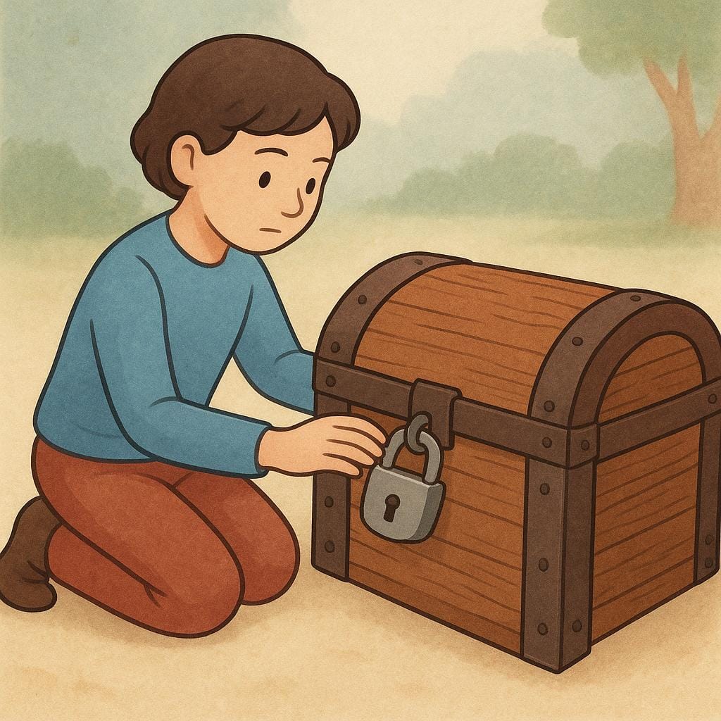 A cartoon character firmly pressing down on a large, securely fastened padlock on a sturdy wooden storage chest, indicating they are verifying its security.