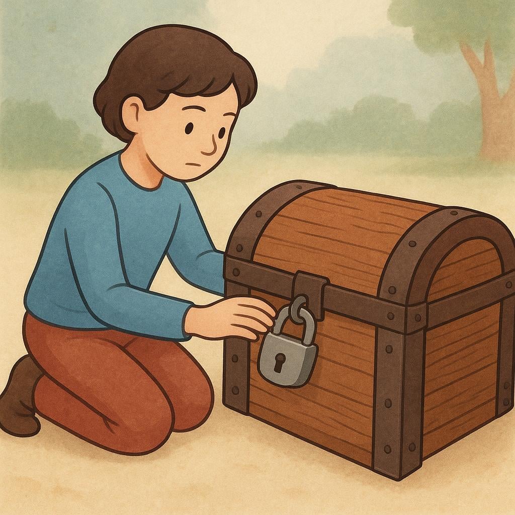 A cartoon character firmly pressing down on a large, securely fastened padlock on a sturdy wooden storage chest, indicating they are verifying its security.