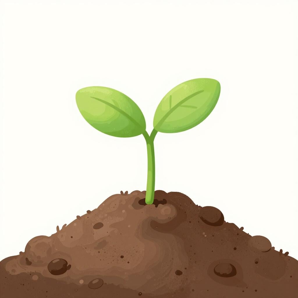 Een klein groen spruitje dat uit een hoop rijke bruine aarde groeit.