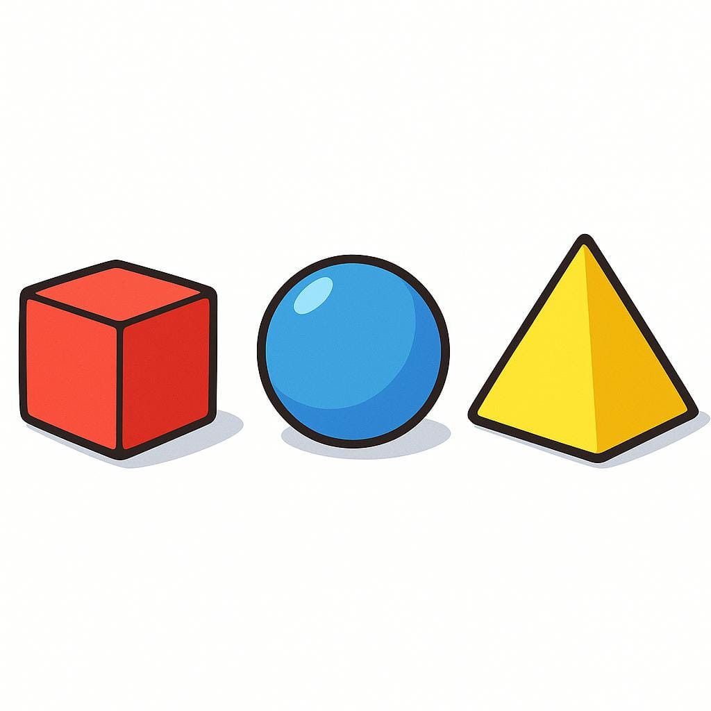 A collection of three small, distinctly colored geometric objects—a red cube, a blue sphere, and a yellow pyramid—lined up neatly on a bright white surface, representing test samples.