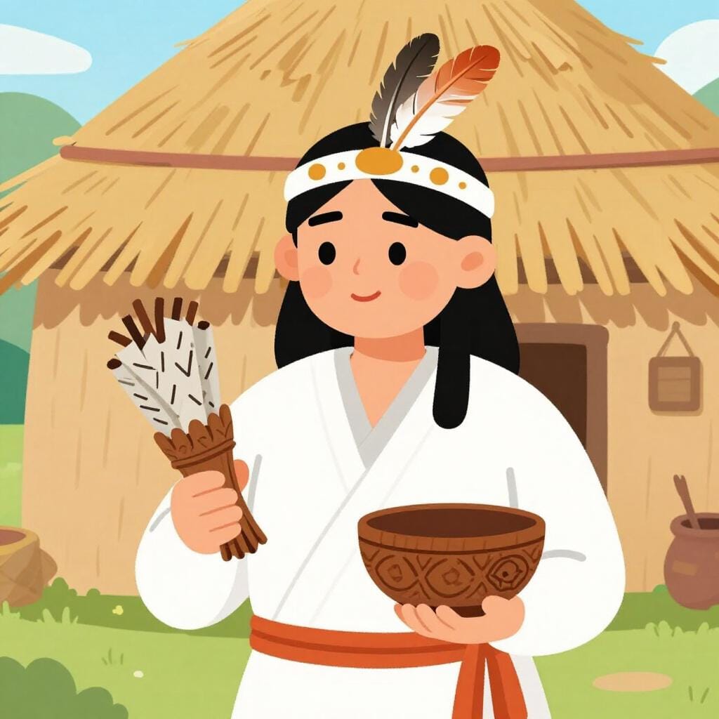 A healer in traditional tribal clothing holding a bundle of dried herbs and a wooden bowl.