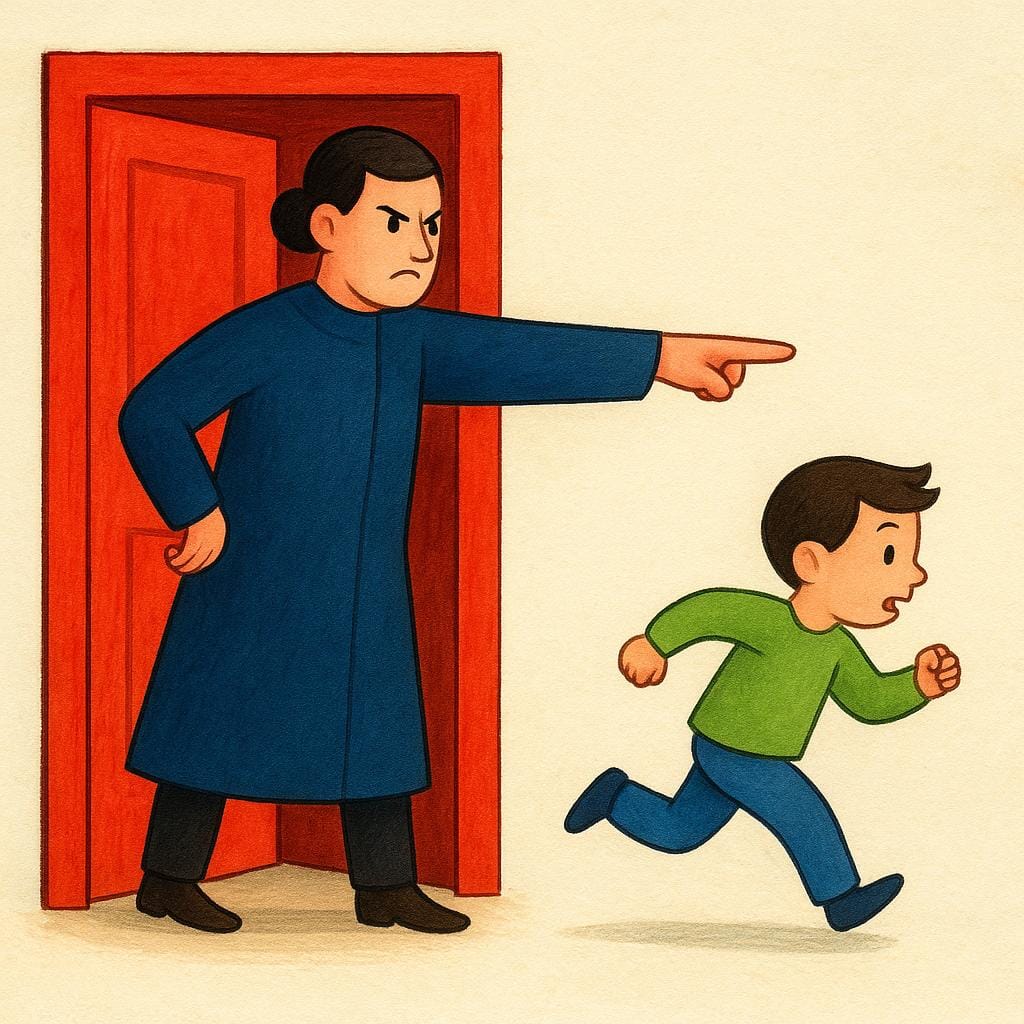 A stern-looking storybook character stands firmly in a bright red doorway, pointing dramatically to the right, signaling a forceful command to leave. A smaller character is running away quickly from the doorway.