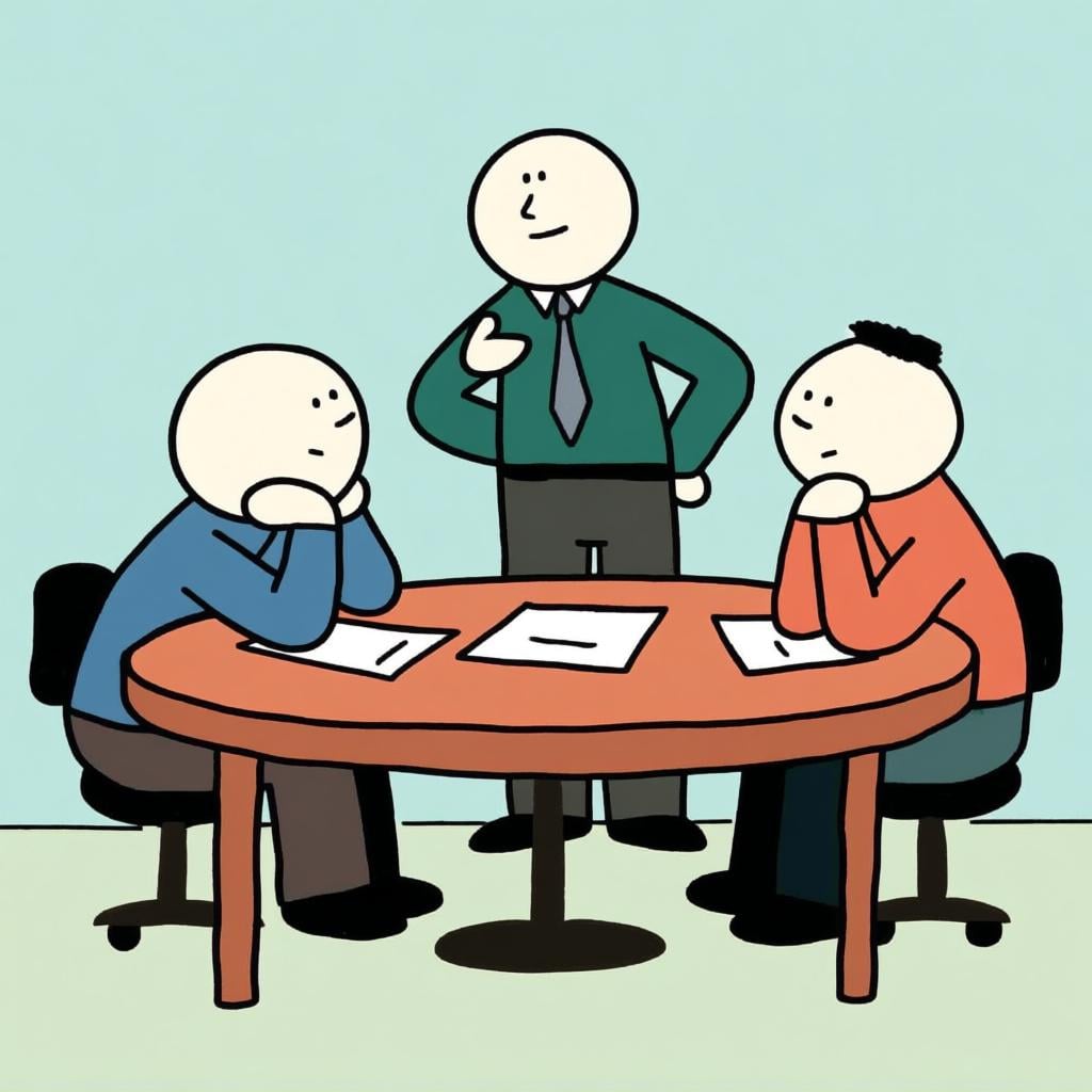 Three cartoon figures sitting at a round table. One figure is standing slightly and speaking with confidence, while the other two figures are leaning in and listening attentively, symbolizing having a say or influence.