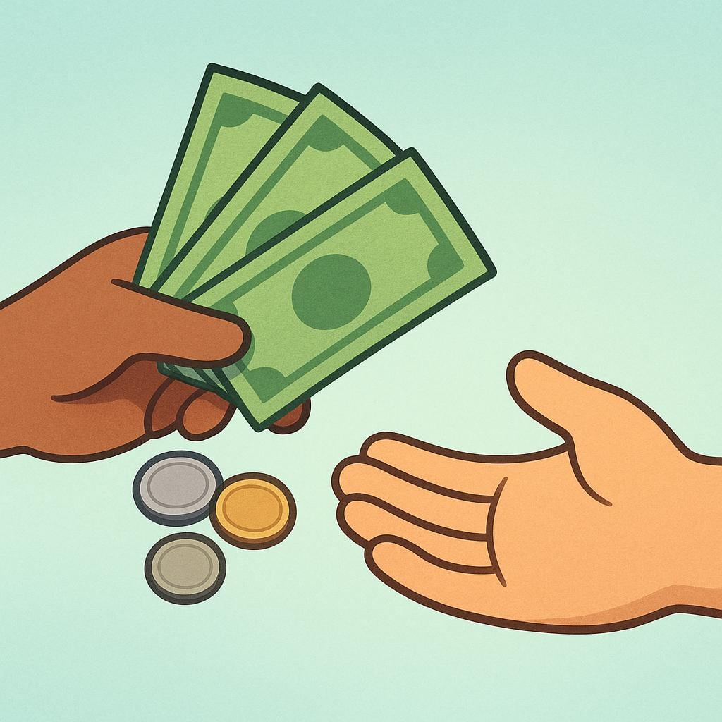 A close-up view of two hands performing a transaction: one hand is placing a stack of paper currency and a few coins into the open palm of the second hand.