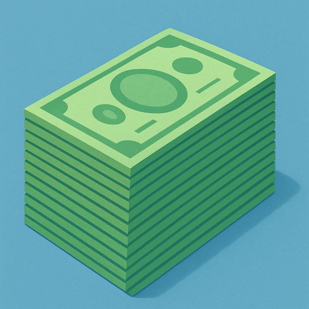 A neat, tall stack of generic green paper currency bills.