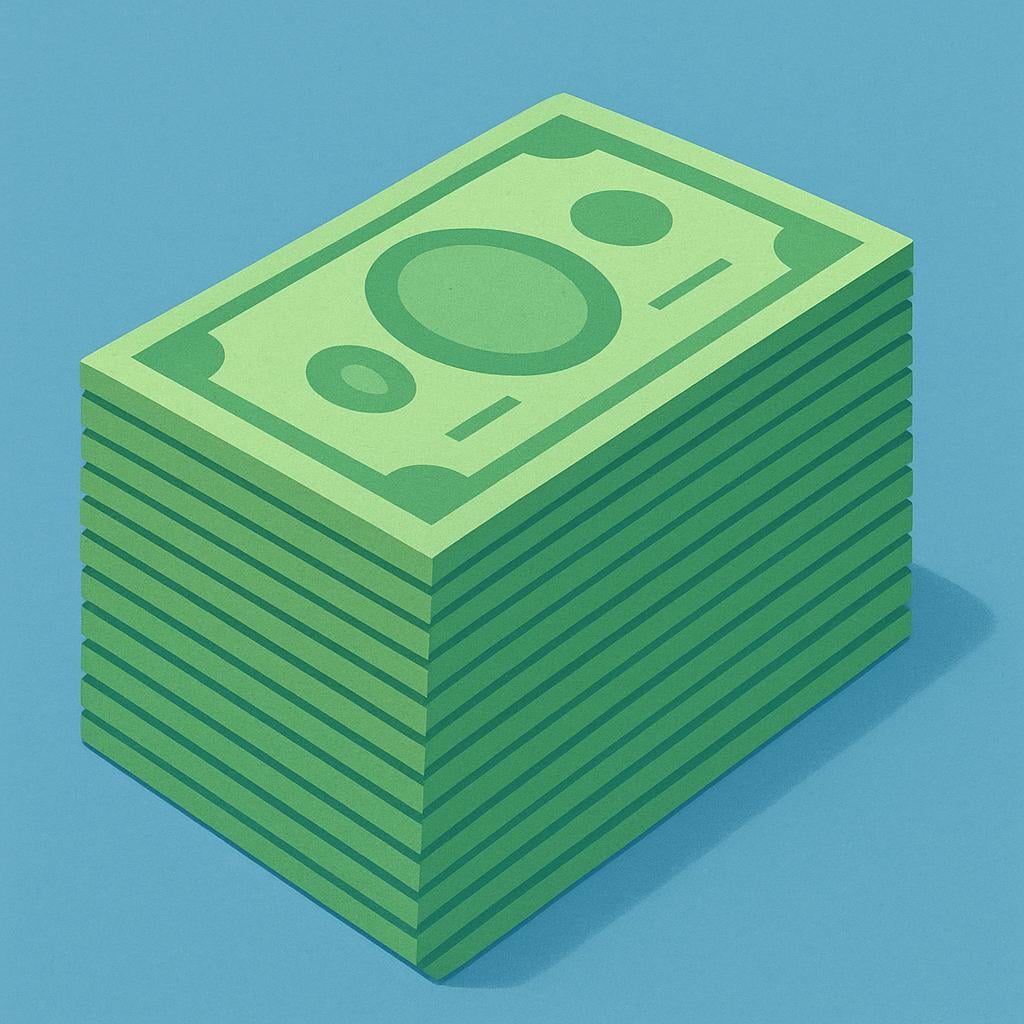 A neat, tall stack of generic green paper currency bills.