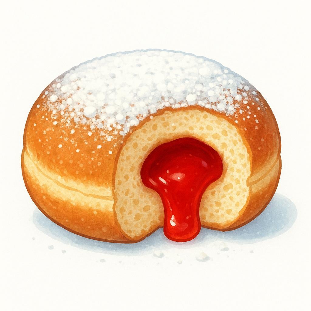 Une illustration de haute qualité d'une pâtisserie ronde et sucrée saupoudrée de sucre glace, coupée pour révéler une garniture de confiture rouge.