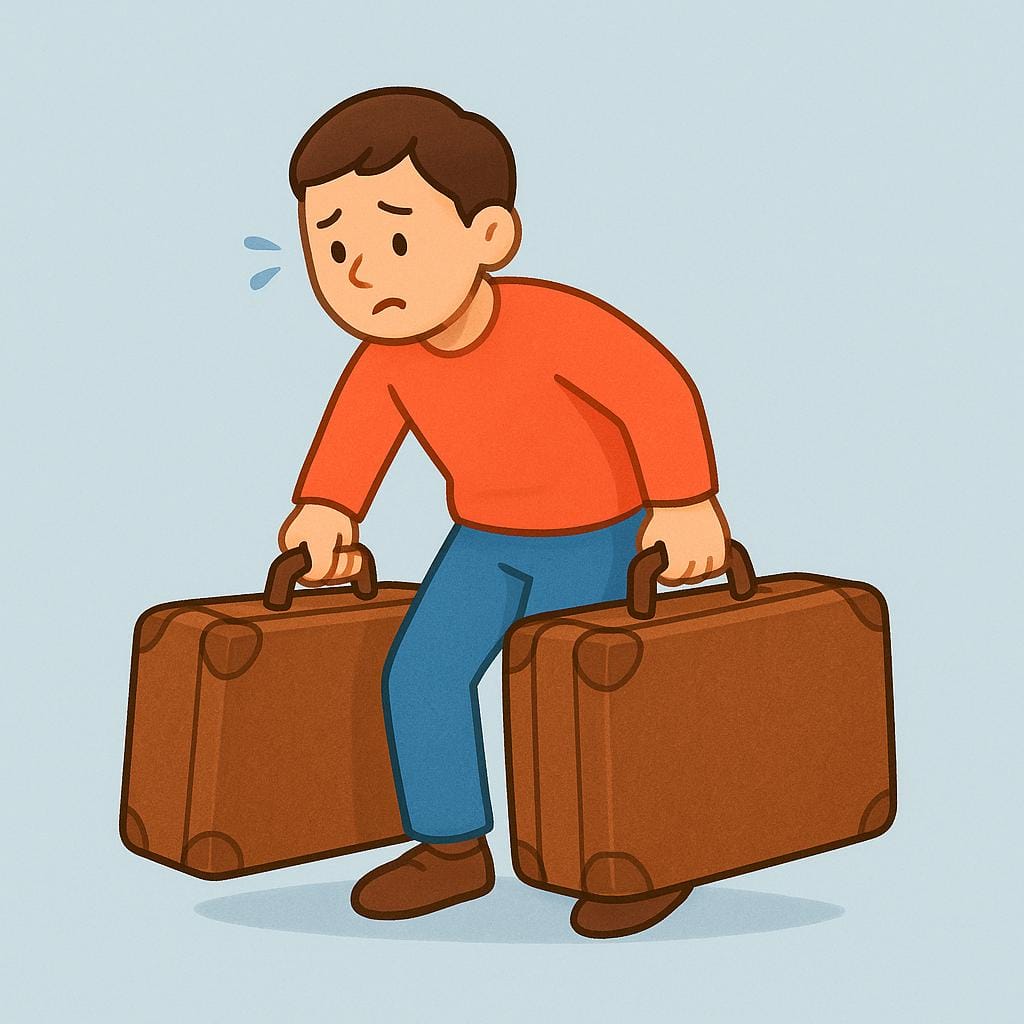 A stylized, happy traveler is struggling slightly while carrying two very large, heavy brown suitcases, one in each hand.