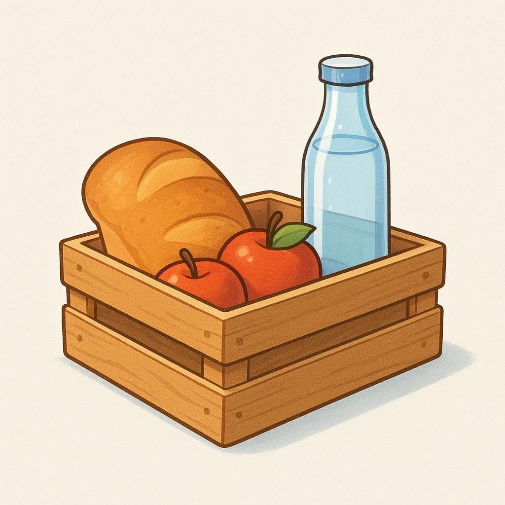A collection of essential goods including a loaf of bread, a bottle of water, a few apples, and a small wooden crate.