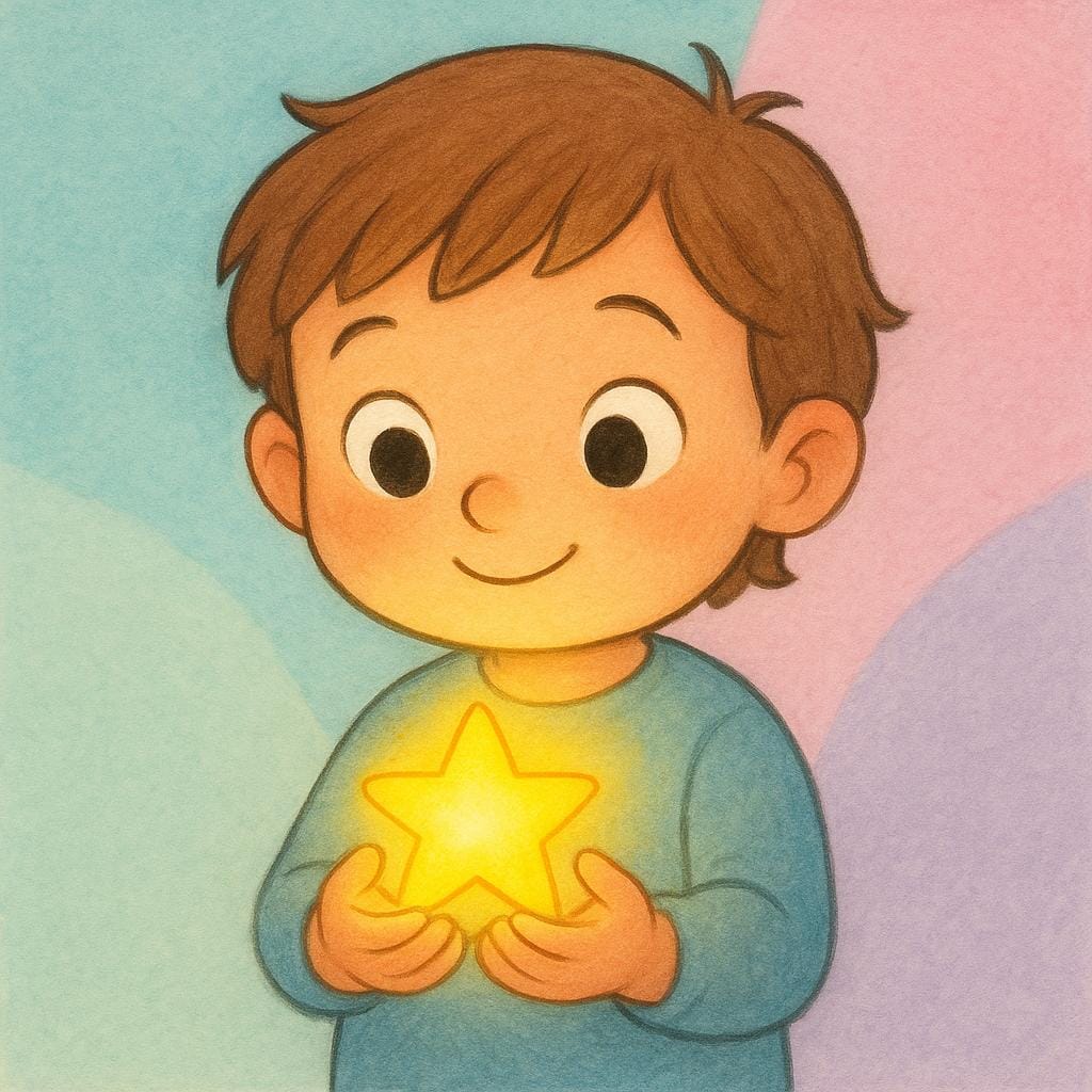 Ein glückliches Kind mit großen Augen, das sanft einen kleinen, hell leuchtenden gelben Stern in seinen gefalteten Händen hält, was Glauben oder Vertrauen symbolisiert.