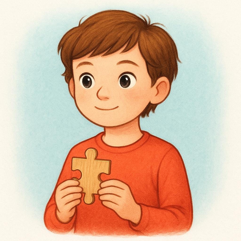 A young person with a thoughtful and confident expression, holding a single, simple, completed wooden puzzle piece, illustrating cleverness.