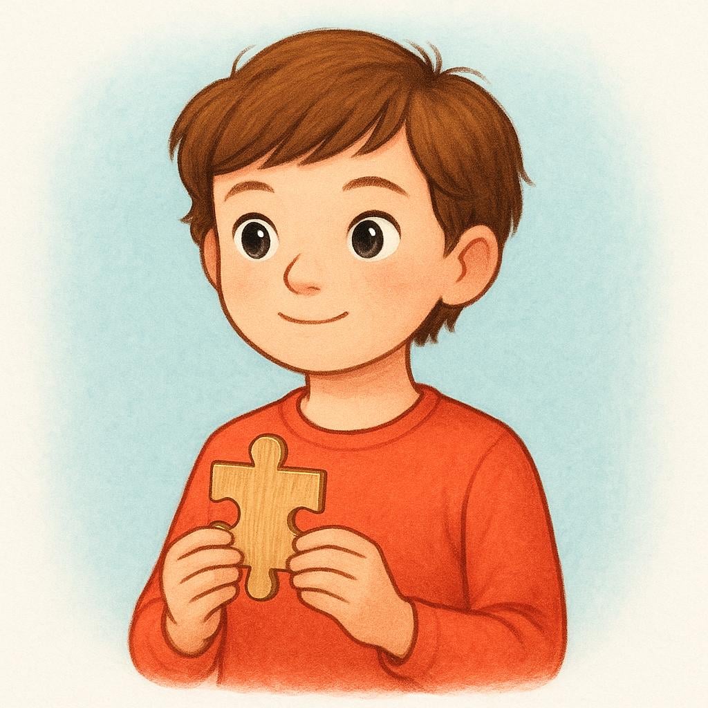 A young person with a thoughtful and confident expression, holding a single, simple, completed wooden puzzle piece, illustrating cleverness.