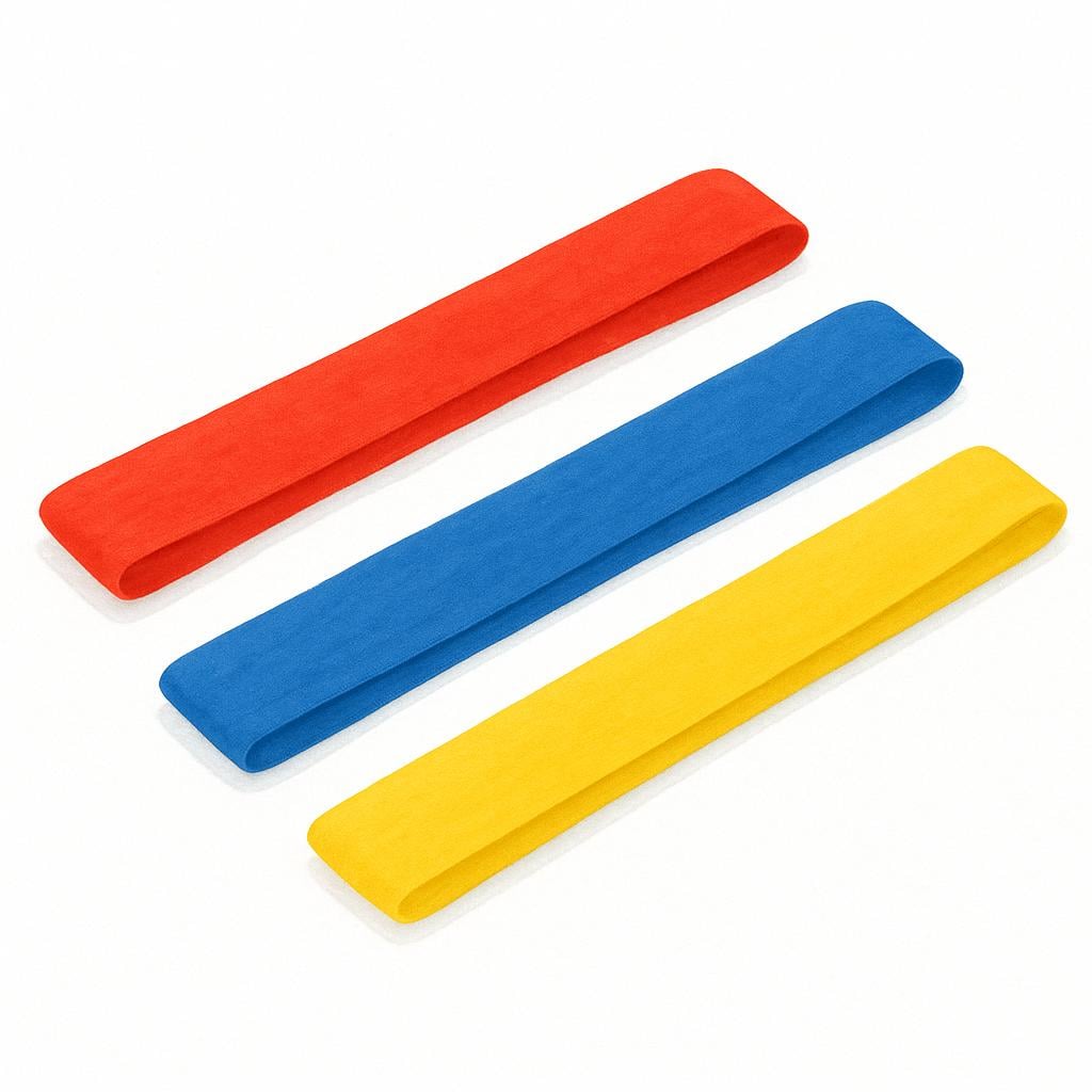 Three long, narrow, colorful strips of fabric, one red, one blue, and one yellow, laid out side by side on a plain white surface.