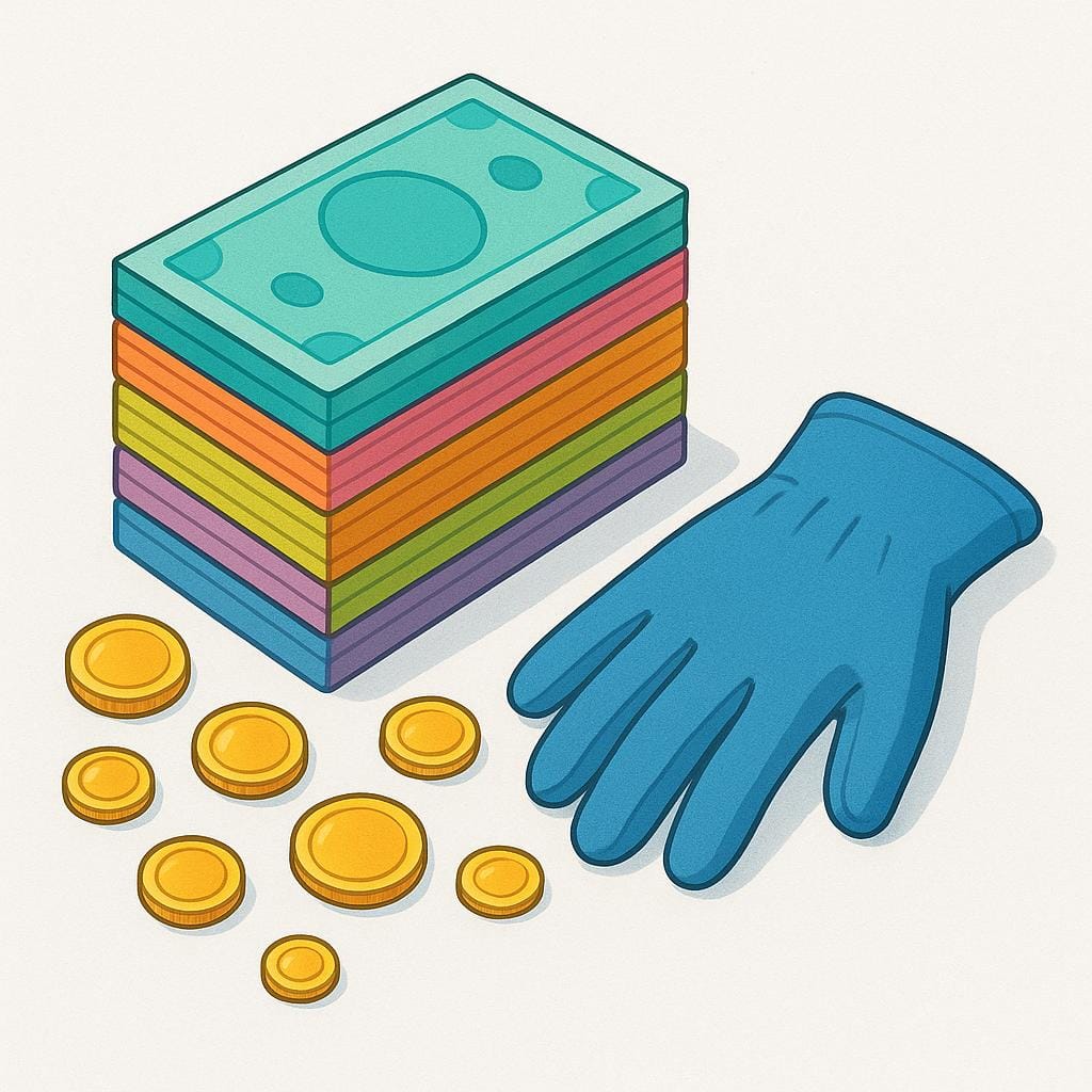 カラフルな紙幣と金貨の山が、シンプルで使い古された作業用手袋の隣に置かれており、得られた賃金を象徴している。