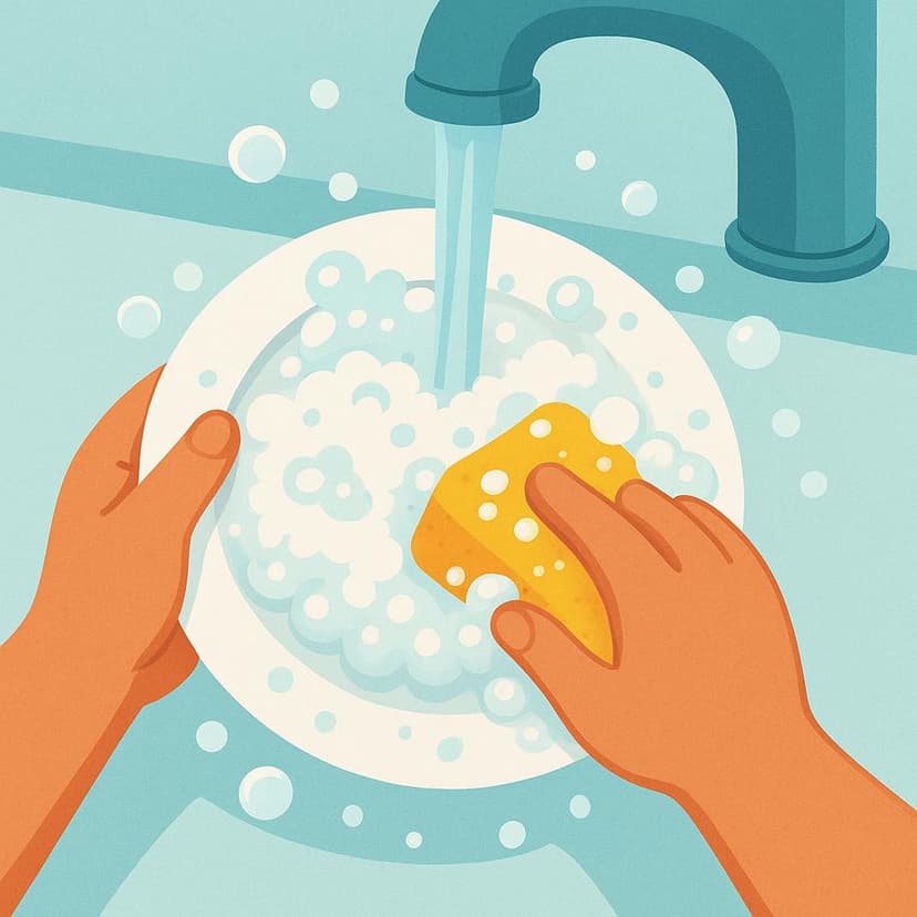 A close-up view of hands washing a dinner plate under running water, creating soapy bubbles.