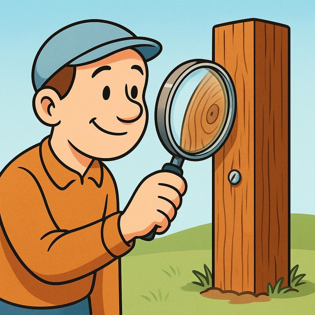 Eine Zeichentrickfigur benutzt eine Lupe, um einen stabilen Holzzaunpfahl genau zu untersuchen und sicherzustellen, dass er fest sitzt.