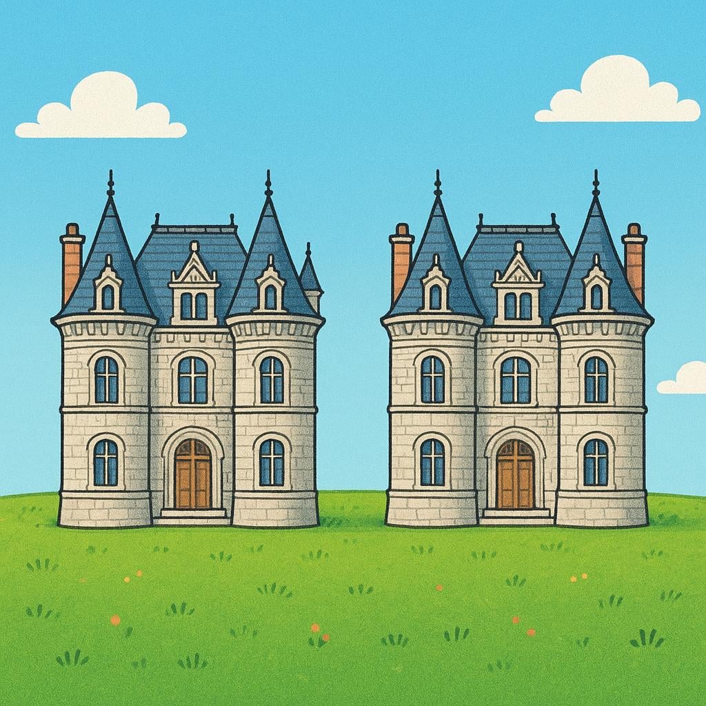 An illustration of two identical, ornate, traditional French châteaux standing next to each other on a green hill, representing masculine plural items that are French.