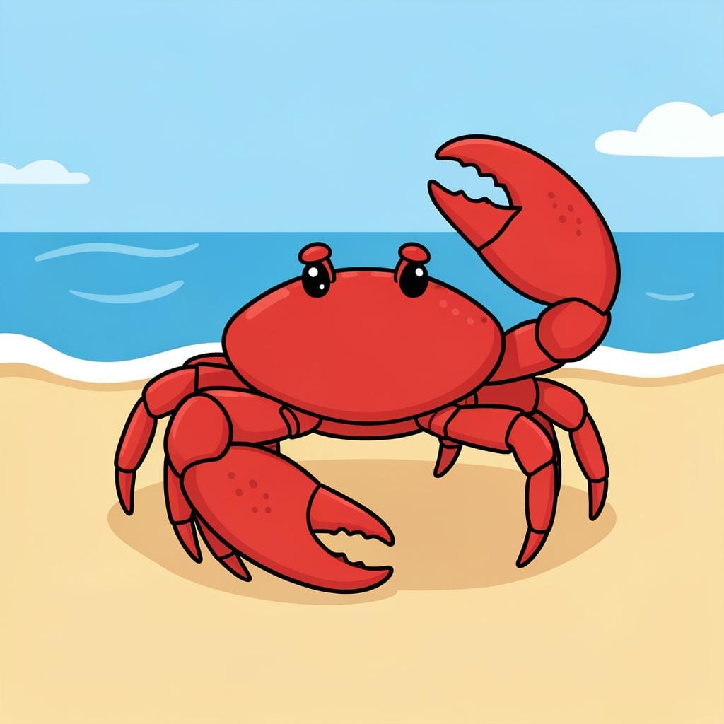 A bright red crab with large claws standing on a sandy beach near a small wave.