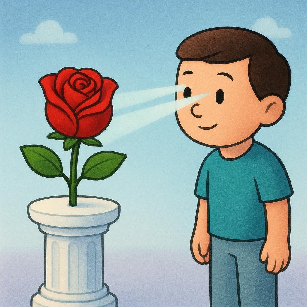 A single, strikingly vibrant red rose sits on a pedestal. Beams of light, representing attention, flow from the eyes of a nearby stylized person directly towards the rose.