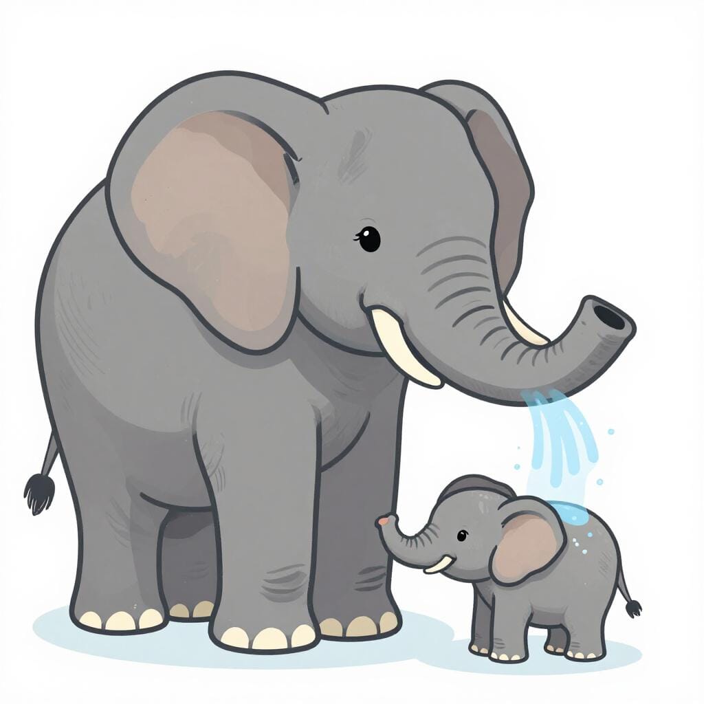Un elefante adulto amichevole che usa la proboscide per spruzzare un delicato getto d'acqua su un piccolo elefantino, facendogli il bagno.