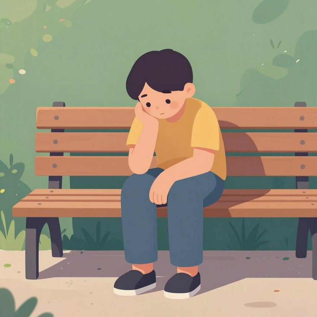 Een persoon die op een parkbank zit en naar beneden kijkt met ingevallen schouders, terwijl de wereld om hen heen levendig en groen is.