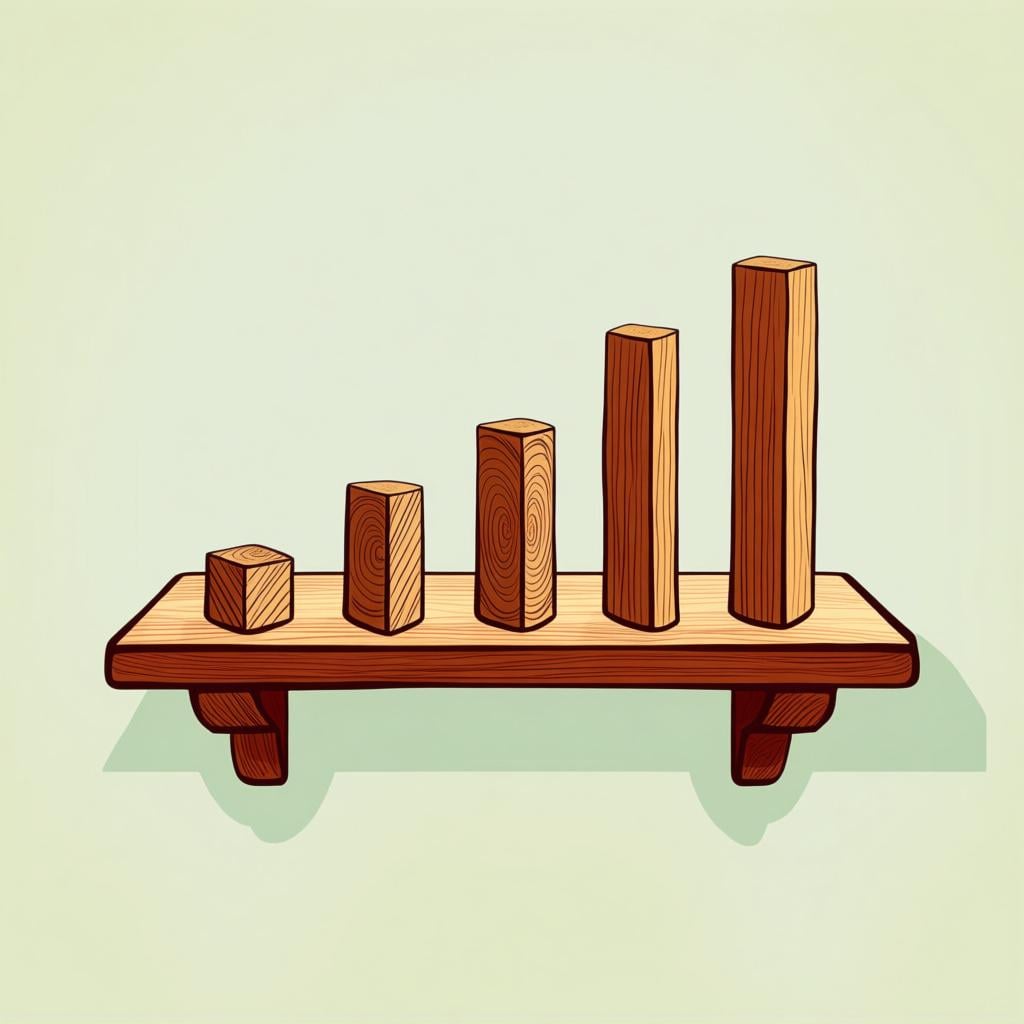 Five simple wooden blocks arranged perfectly in a sequence from smallest to largest, symbolizing order and tidiness.