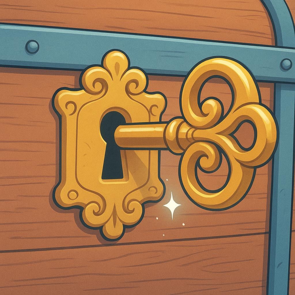 A detailed illustration of a heavy, ornate brass key fully inserted and turned in a matching keyhole on a wooden chest, illustrating a completed action.