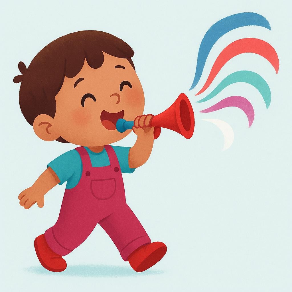 A high-quality storybook illustration of a cheerful child blowing a small, brightly colored trumpet. Visible, curved sound waves are shown emanating from the instrument.