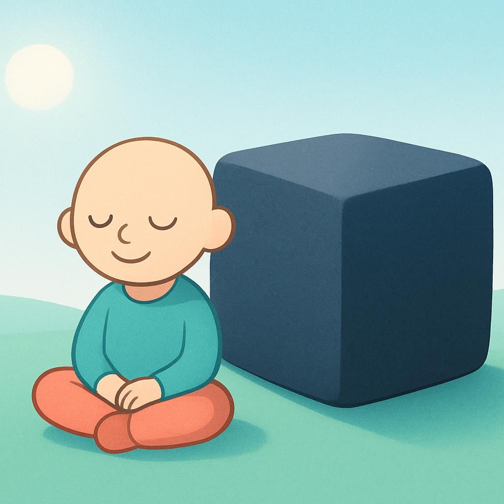 A stylized illustration showing a small person who has removed a large, heavy, gray burden (representing worry) from their back and is now resting peacefully, smiling under a bright sky.