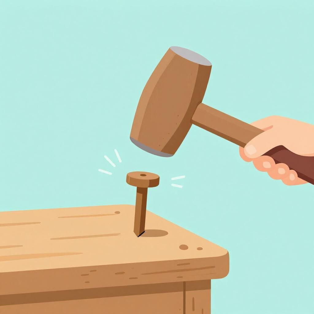 Eine einfache Illustration eines Holzhammers, der auf einen Holzdübel schlägt.