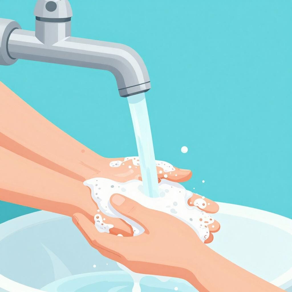 A child smiling and washing their hands with soap and water at a sink.