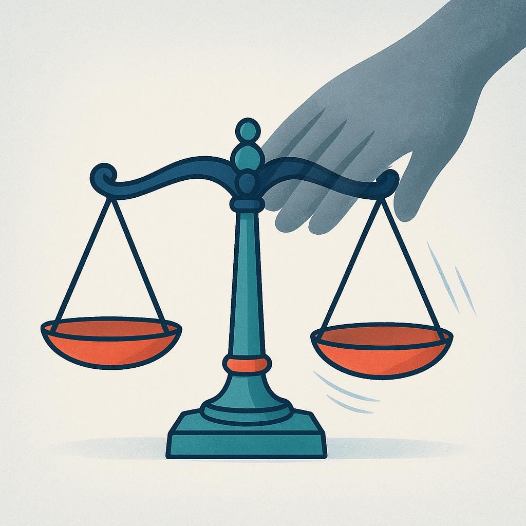 A simplified, golden balance scale where one side is visibly being pushed down by a large, shadowy hand, indicating unfairness.