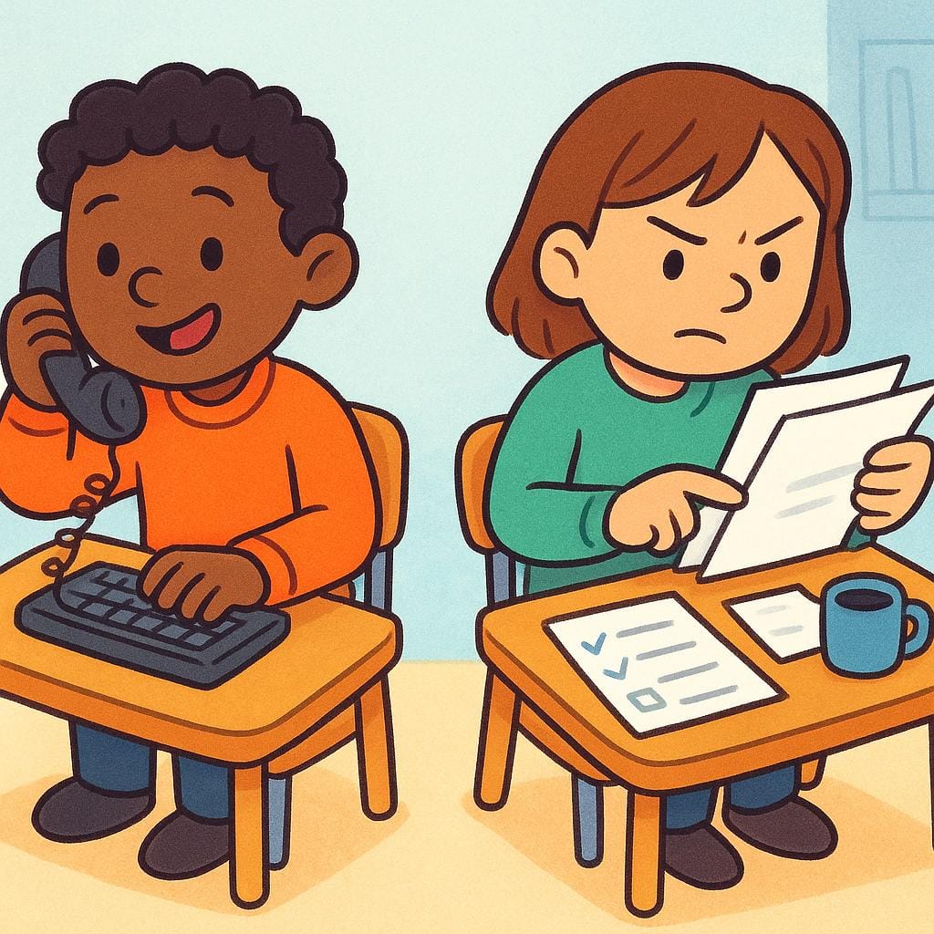 Zwei Zeichentrickfiguren sitzen nebeneinander an kleinen Büroschreibtischen und sind tief in mehrere Aufgaben gleichzeitig vertieft, was anzeigt, dass sie beschäftigt sind.