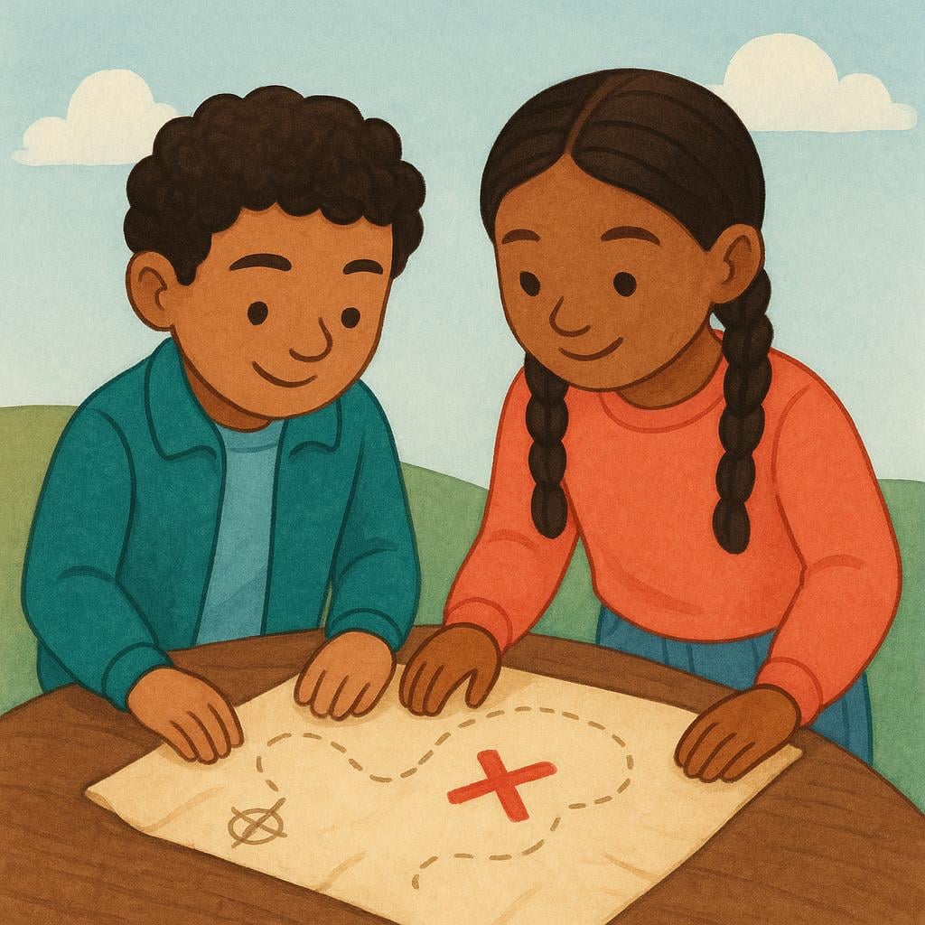 Two friends standing together, looking down at a simple rolled-out parchment map marked with an X. Both characters have knowing expressions, indicating shared information.