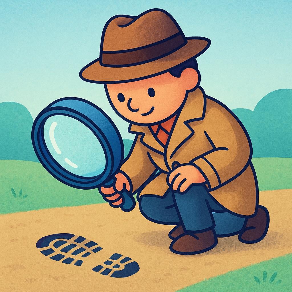 A figure dressed as a detective wearing a trench coat and hat kneels down, using a large magnifying glass to inspect a footprint on the ground.