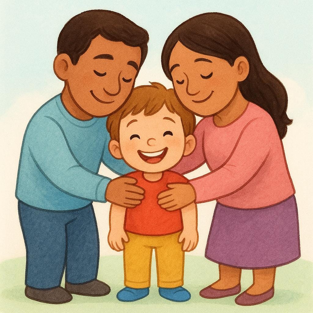 A storybook illustration showing two smiling parents lovingly hugging a young child, symbolizing the formation of a family through adoption.