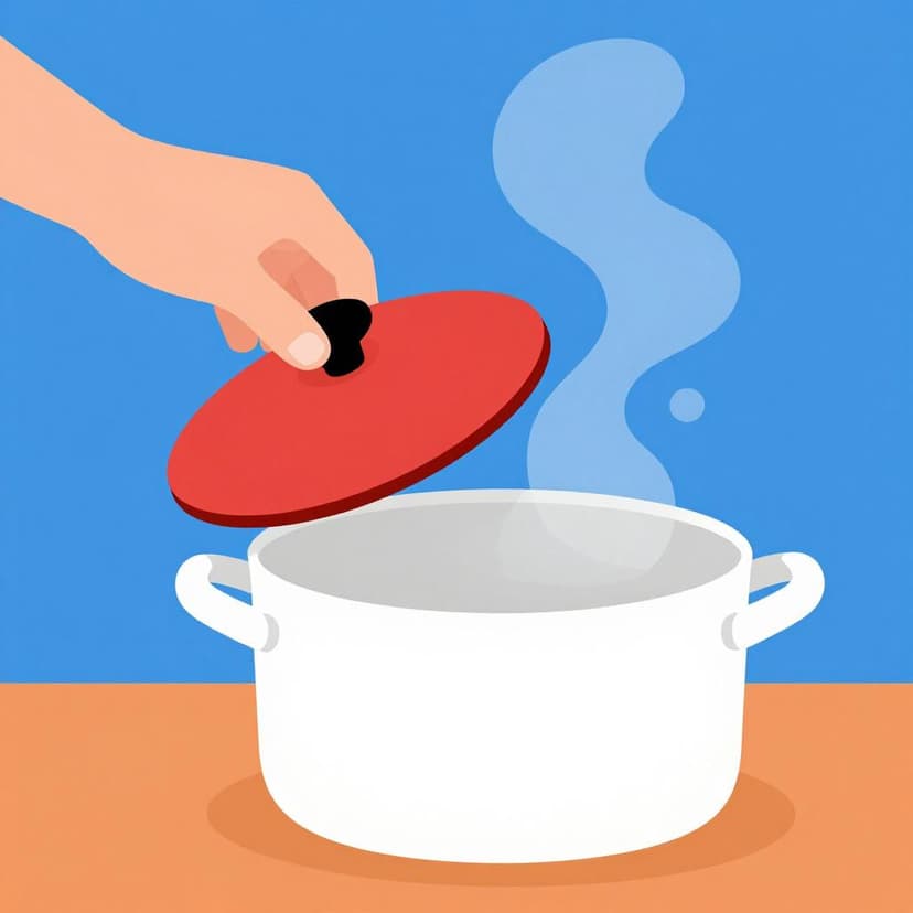 A hand lifting a bright red lid off a white cooking pot, revealing steam rising from inside.