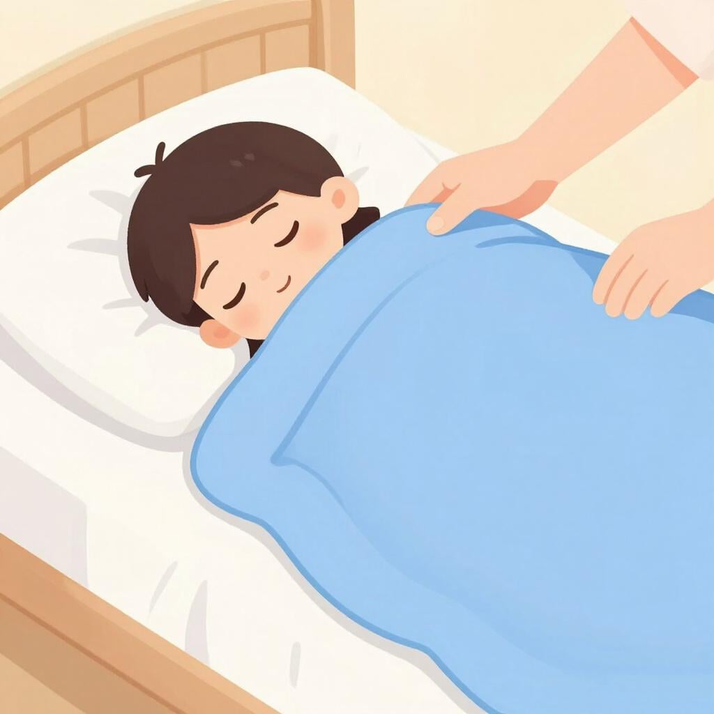 A cozy scene showing a person placing a soft blue blanket over a sleeping child.