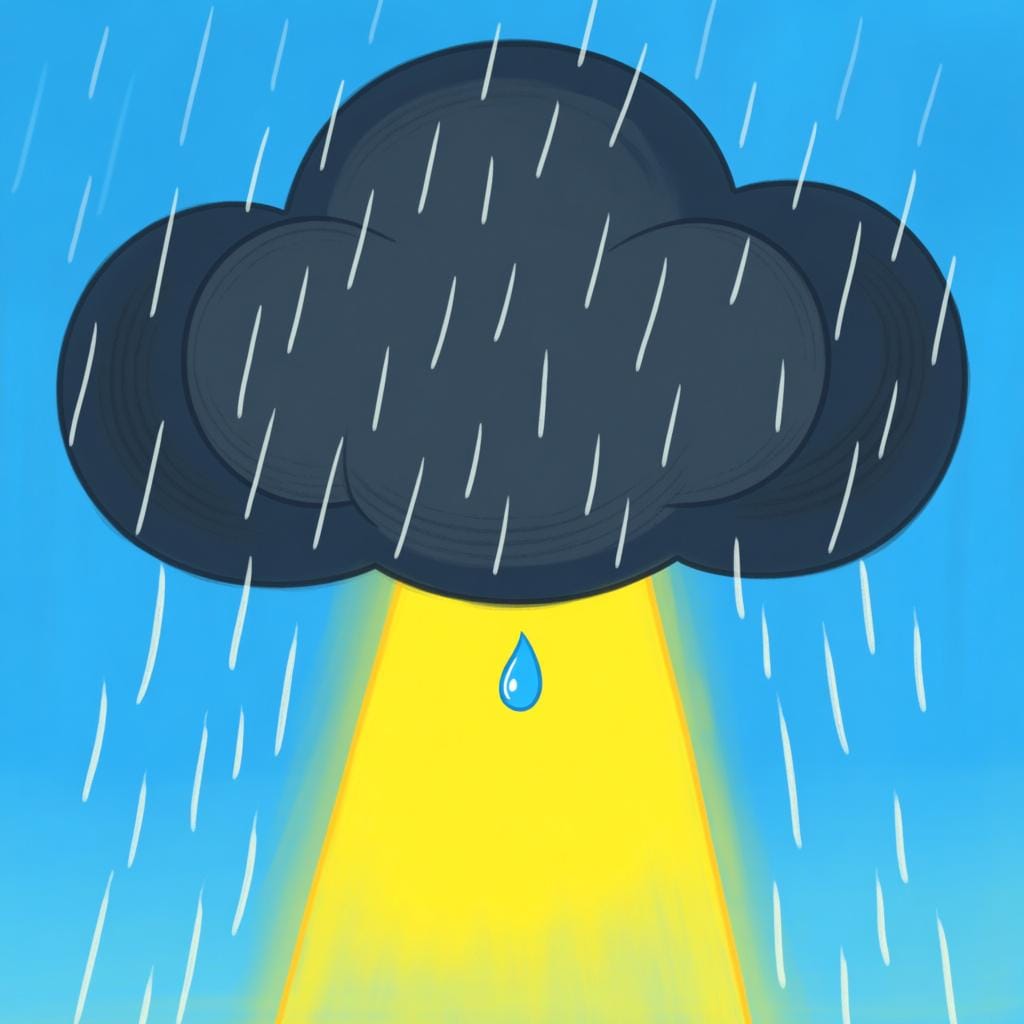 Une scène illustrant la cessation de la pluie. Un gros nuage sombre ne laisse tomber qu'une seule petite gouttelette, tandis qu'un soleil brillant et chaud est visible juste à côté, éclairant un sol sec.