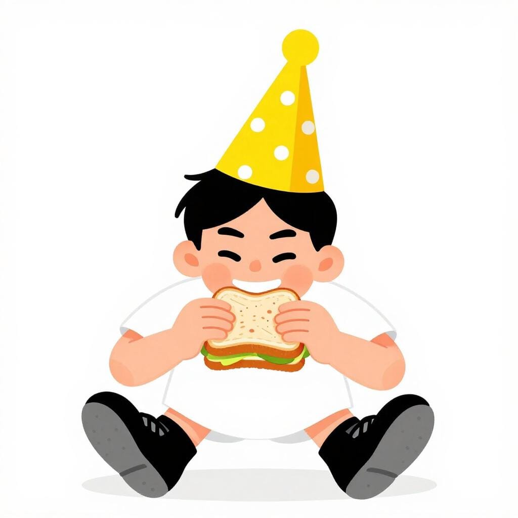 A silly person wearing a colorful conical party hat backward and shoes on their hands.